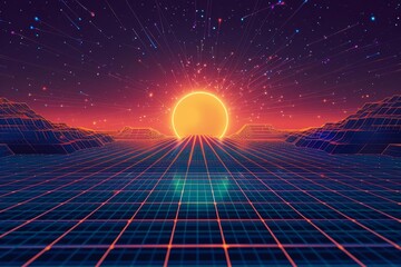 80s retro scifi background with futuristic grid landscape synthwave wireframe net illustration digital art - obrazy, fototapety, plakaty