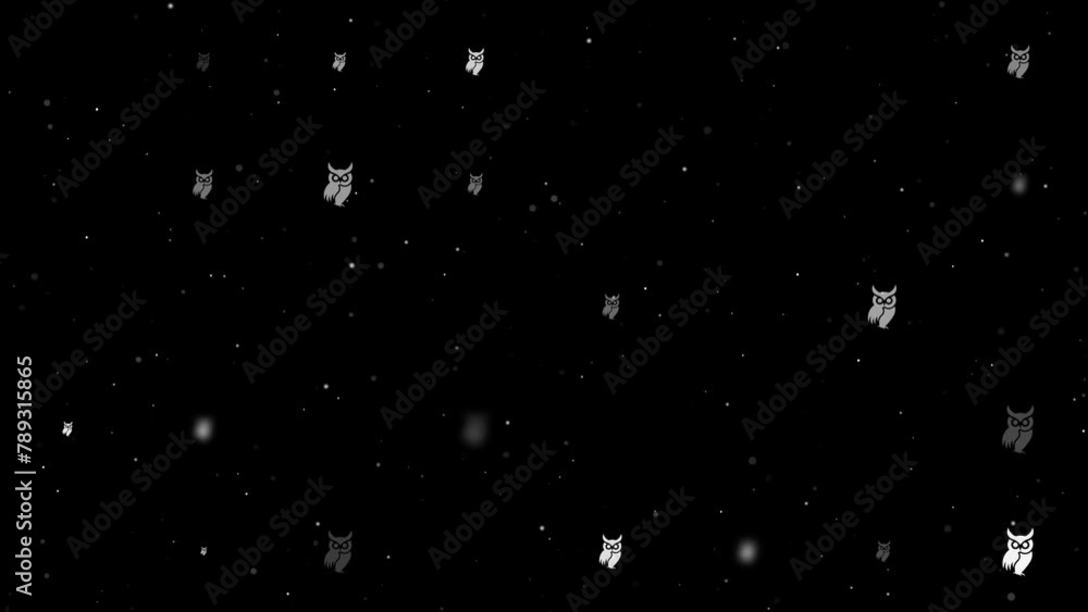 Poster template animation of evenly spaced owl symbols of different sizes and opacity. animation of transpa