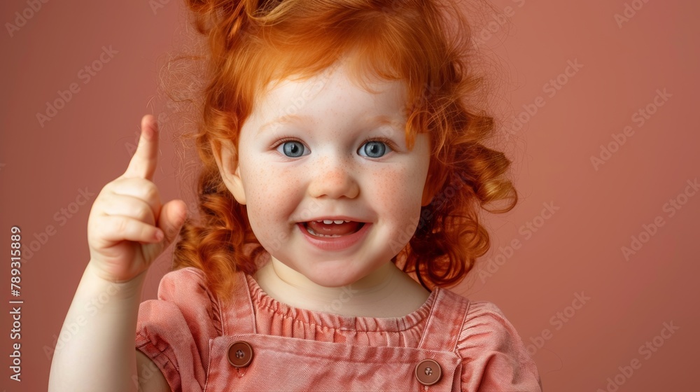 Poster excited girl pointing on soft colored background with space for text, perfect for adding messages
