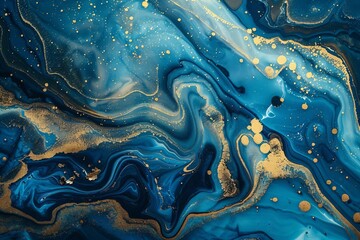 abstract blue and gold marbled ink texture fluid art background - obrazy, fototapety, plakaty