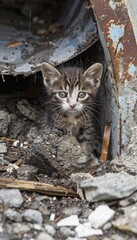 Lonely stray kitten in the rain seeks urgent pet adoption, shelter, and rescue assistance