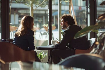 Naklejka premium A young businessman and woman talking for a job interview sitting on a chair by a window in an office. A male manager having a conversation with a female during a meeting at workplace. generative AI
