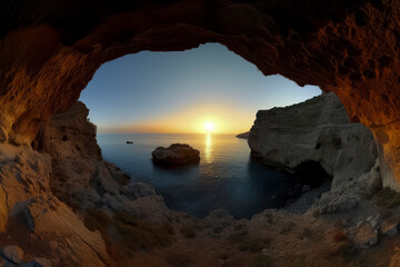 A breathtaking sunset over the ocean, viewed from inside a rocky cave, illuminating the surrounding...