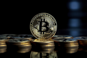 A golden Bitcoin coin stands out among other coins against a dark, blurred background, highlighted by radiant lighting