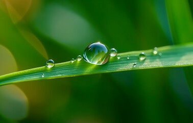 A close-up of dew drops on a green blade of grass, reflecting the environment, highlighted by a serene, soft light