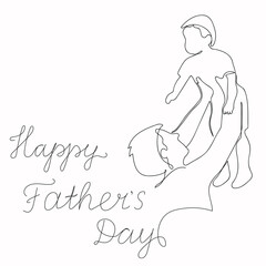 Father's Day greeting card. Continuous single drawn one line dad tosses a toddler. Father with son vector illustration