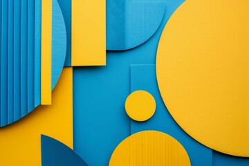 abstract geometric composition with blue and yellow paper shapes flat lay background - obrazy, fototapety, plakaty