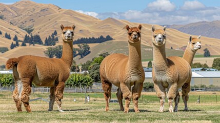 Tranquil alpacas peacefully grazing on lush green pasture in picturesque mountain setting