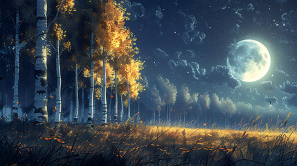 Happy Autumn, Russian autumn birch night moon stars, Generative Ai