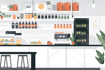 Artistic representation of a clean, minimalist grocery store with neatly arranged products