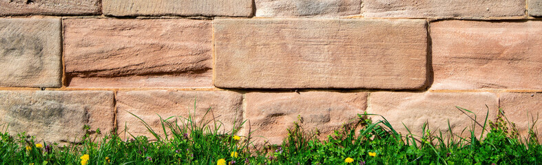 Grass by the ancient wall. Ready-made banner for advertising. Creative background