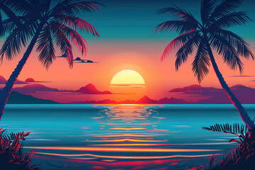 Fototapeta na wymiar 2d flat design panoramic landscape. tropical sunset with palm trees, beach and sea. illustration of summer landscape. design for banner or poster