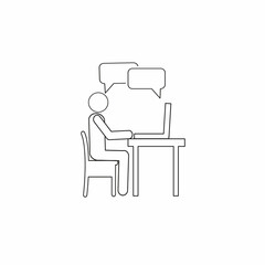 Fototapeta premium Outline illustration of a business line, freelance, online conference, teamwork. A person sitting at a desk and using a laptop. The concept of the workplace.