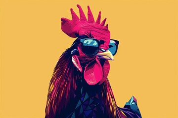 abstract minimal faceted punk chicken wearing sunglasses on solid color background vector art - obrazy, fototapety, plakaty