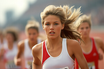 Blond woman running in a athlectics competition race. Women's sports, running and athletics.