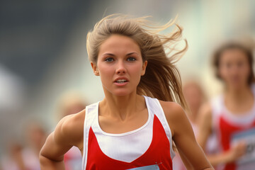 Young caucasic blond woman runner running in a competition race. Women's sports, running and athletics.