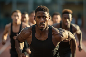 Black runner man running in a speed competition race. Men's sports, running and athletics