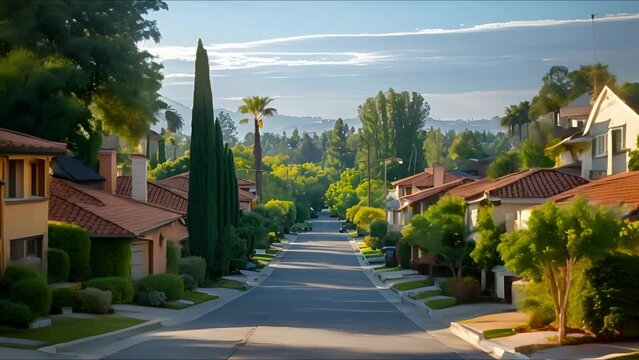 Tranquil Suburbia: LA's Oak-Lined Lanes & Cozy Cottages. Concept Suburban Scenery, Oak Trees, Cozy Cottages, LA Neighborhoods, Tranquil Living