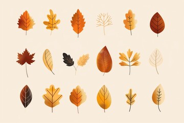 Obraz premium Warm, earth-toned set of minimalist autumn leaf illustrations arranged in a harmonious pattern