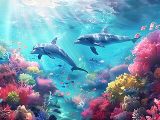 Graceful Dolphins Leaping Through a Vibrant Coral Reef in Crystal Clear Sunlit Tropical Waters