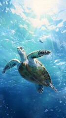 Obraz premium Graceful Sea Turtle Navigating the Serene Ocean Depths