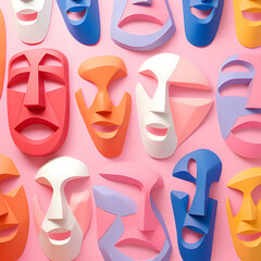 Masks with different emotions on a pink background. 3d illustration