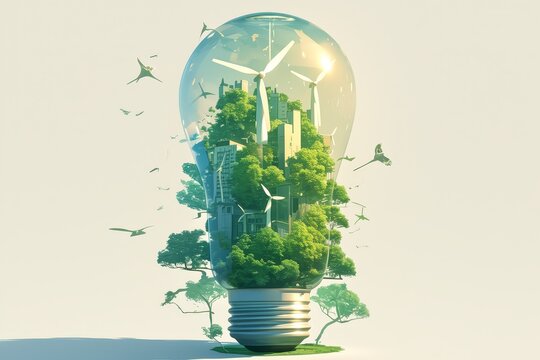 depiction of an ecofriendly cityscape inside the bulb, with greenery and wind turbines, symbolizing sustainable energy. 