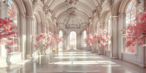 empty room large hall of palace, with white walls and arched windows adorned with pink flowers.empty  Luxury Palace Interior, 