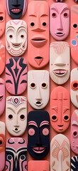 3d illustration of a set of masks of different colors on a pink background