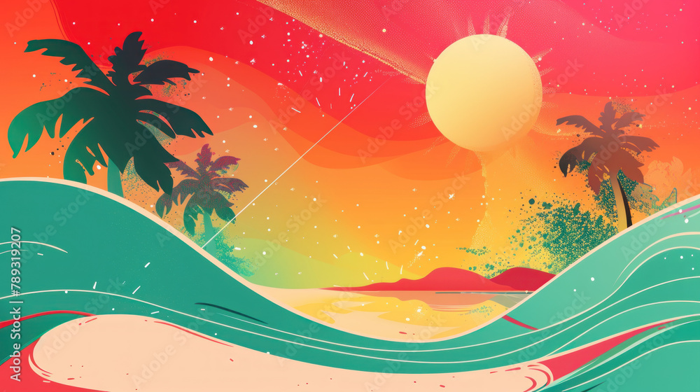 Fototapete 2d flat illustration abstract colorful summer background with beach vibes decorative, palm trees and