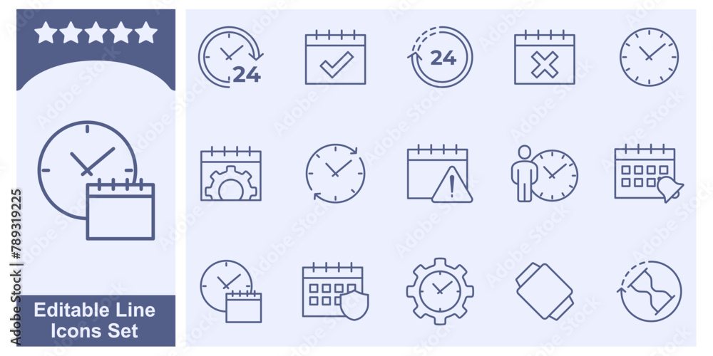 Poster calendar and clock icon set. time and clock symbol template for graphic and web design collection lo