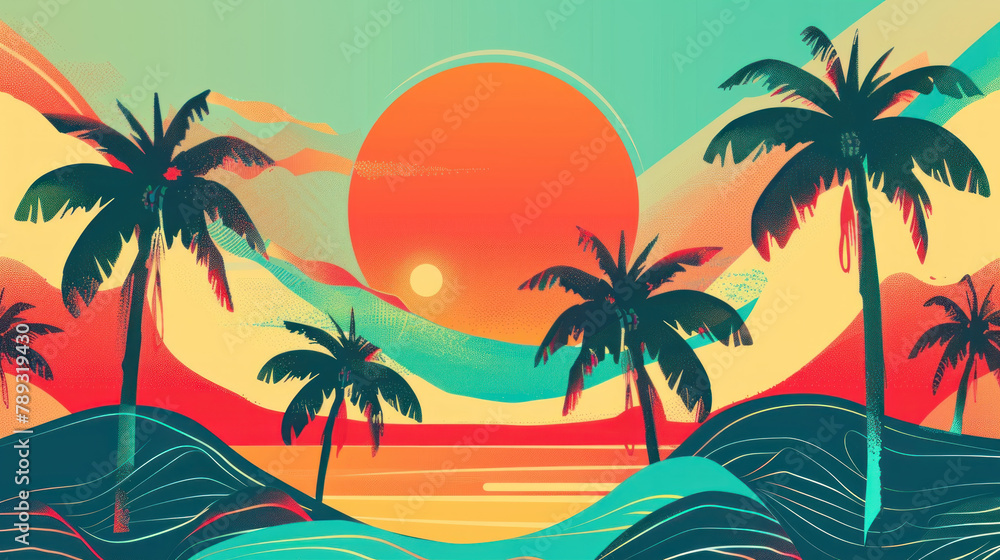 Fototapete 2d flat illustration abstract colorful summer background with beach vibes decorative, palm trees and