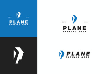 modern initial letter P iconic logo design vector template for plane parking area business. elegant plane parking spot sign logo vector design background. 