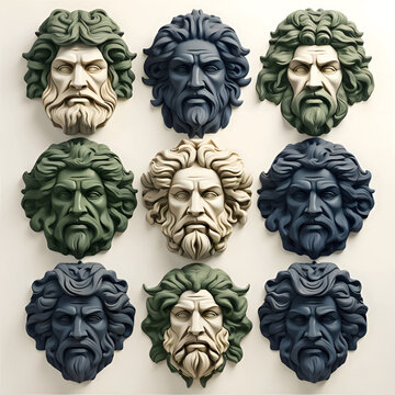 Collage of different ancient greek gods heads. 3d rendering