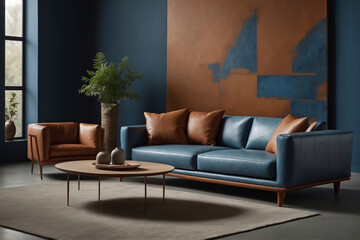 Elegantes Wohnzimmer mit zweifarbigen Sofas und künstlerischem Wandgemälde in Blau- und Brauntönen