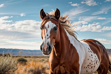 Paint horse our mustang horse running free in the landscape of the old west.