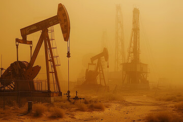 Post-apocalyptic desert scenery with abandoned oil pumps in a dust storm - 789319853
