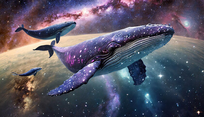 虹色の宇宙を海遊する大きなクジラ - obrazy, fototapety, plakaty