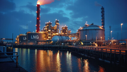 Illuminated oil and gas production facility at dusk showcasing energy industry - 789320259