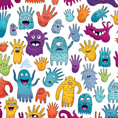 Seamless pattern with cute hand drawn monsters. Vector illustration.