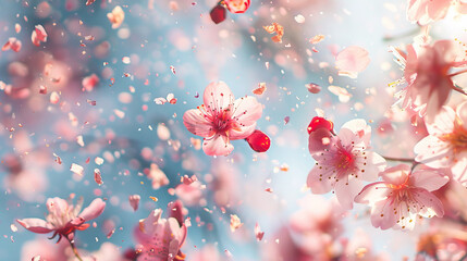 Dreamy cherry blossom petals floating in a serene blue sky - 789320417