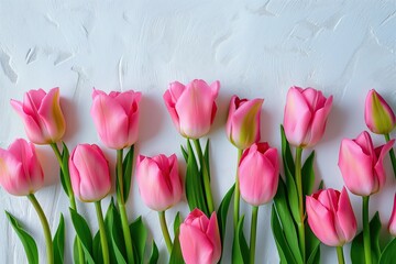 A row of pink flowers tulip are arranged in a line on a white background