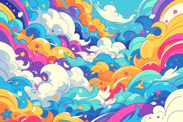 Colorful waves and clouds, in the style of psychedelic 