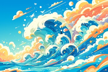 Fototapeta na wymiar Colorful waves, cartoon clouds and sky, colorful swirls