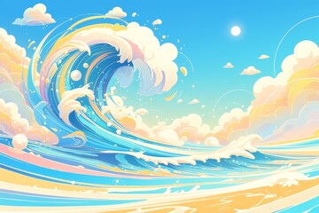 Colorful waves, cartoon clouds and sky, colorful swirls