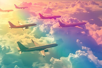 A group of airplanes flying in the sky with a rainbow in the background. Scene is one of excitement and adventure, as the airplanes are soaring through the clouds