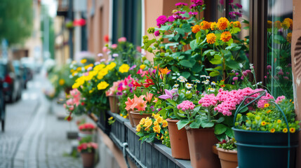 City streets lined with vibrant flower pots.
