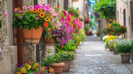 City streets lined with vibrant flower pots.