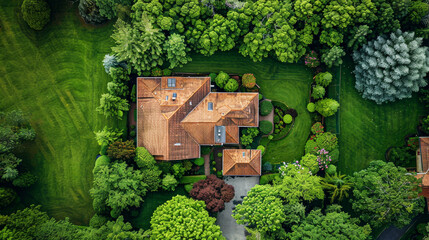 Aerial view of a luxury residential house surrounded by lush greenery - 789321254