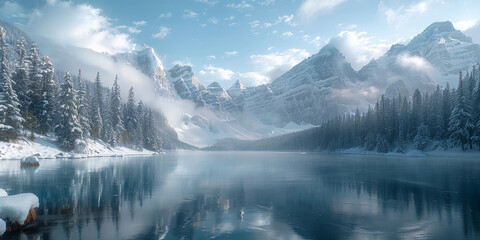 mountains are reflected in the water of a lake in the snow.Snowcovered mountains reflected in a...